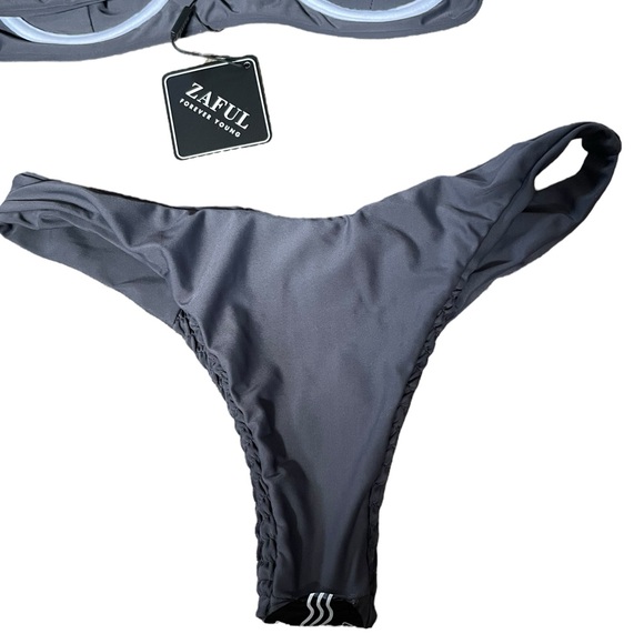 NEW Zaful Gray Smocked Shirred Bowknot Underwire V Cut Two Piece Bikini Set - Picture 7 of 11